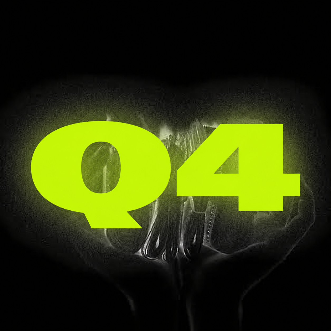 Official $Q4 campaign artwork — liquid chrome hand gripping the glowing Q4 mark