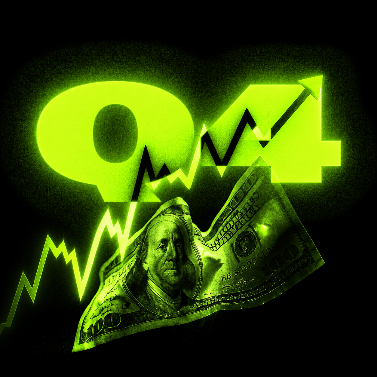 Official $Q4 campaign artwork — hundred dollar bill under a rising green market line