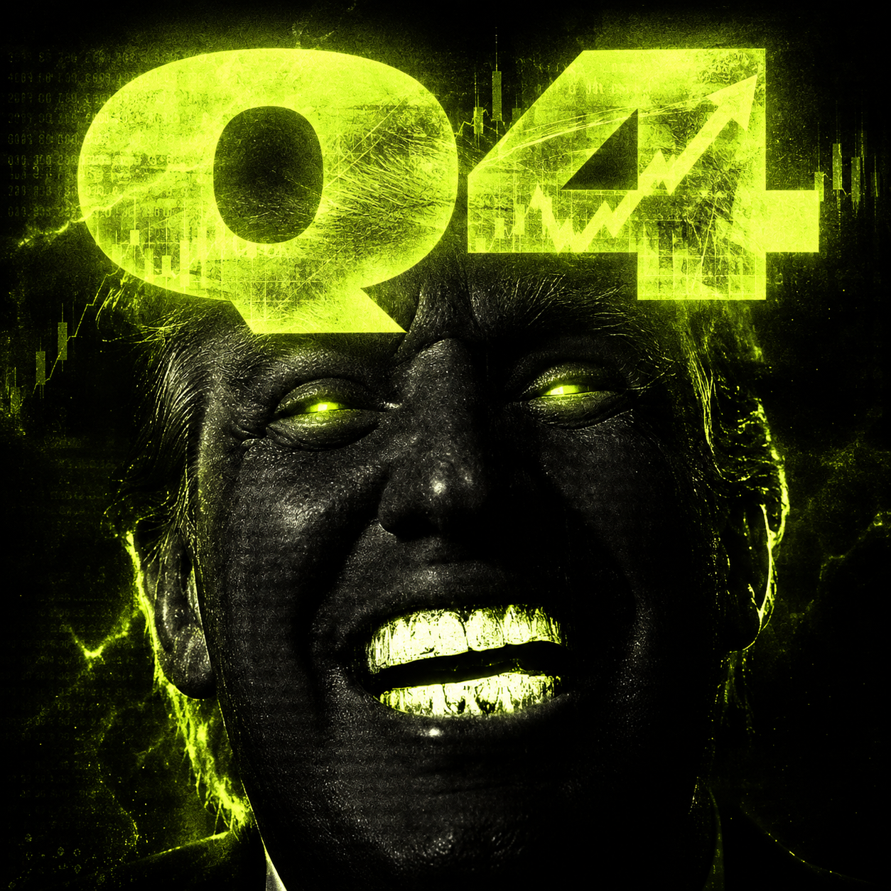 Official $Q4 campaign artwork — portrait lit in fluorescent green, eyes glowing